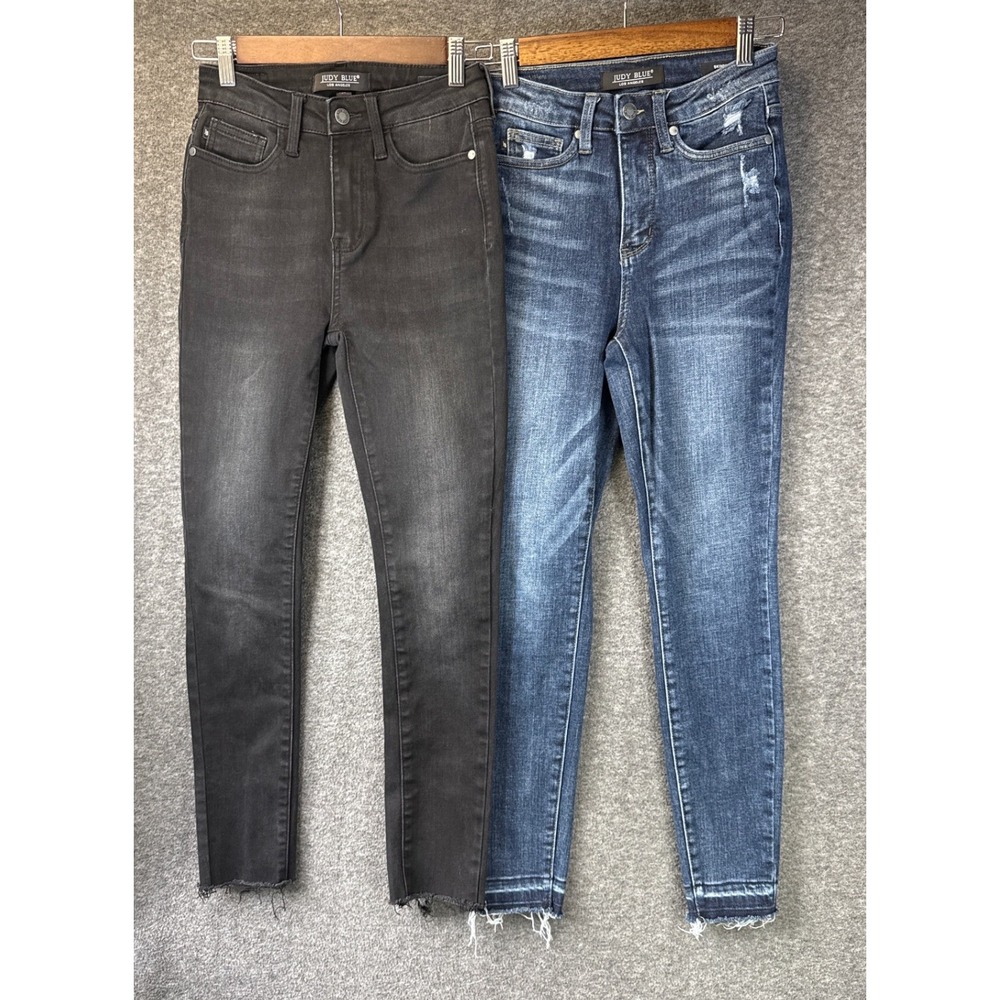 Bundle of 2 Judy Blue Skinny Fit Jeans Women 0/24 Black & Blue Raw Hem Night Out